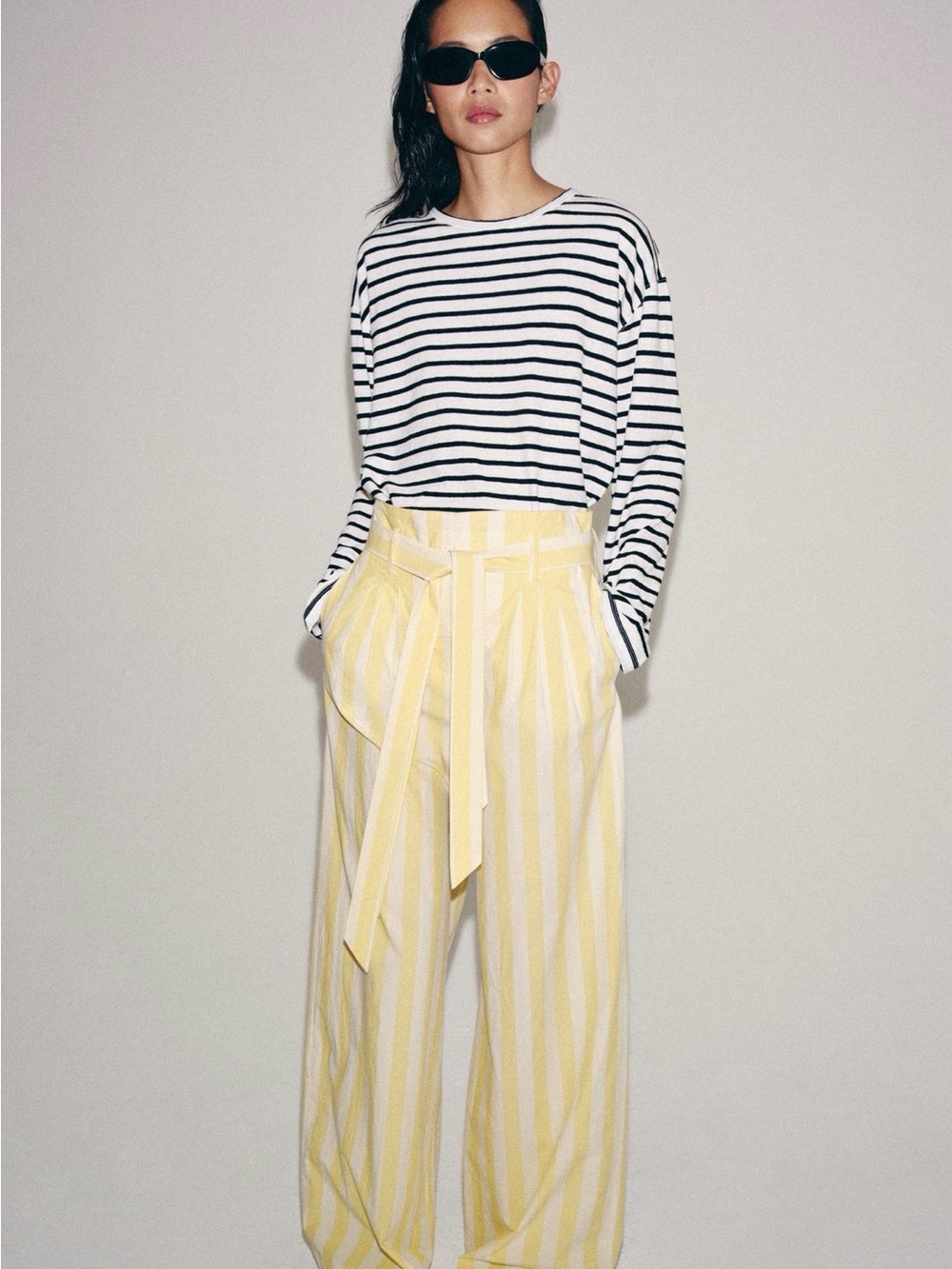 ZARA Yellow and White Striped Wide-Leg Tie-Waist Pants ZW COLLECTION